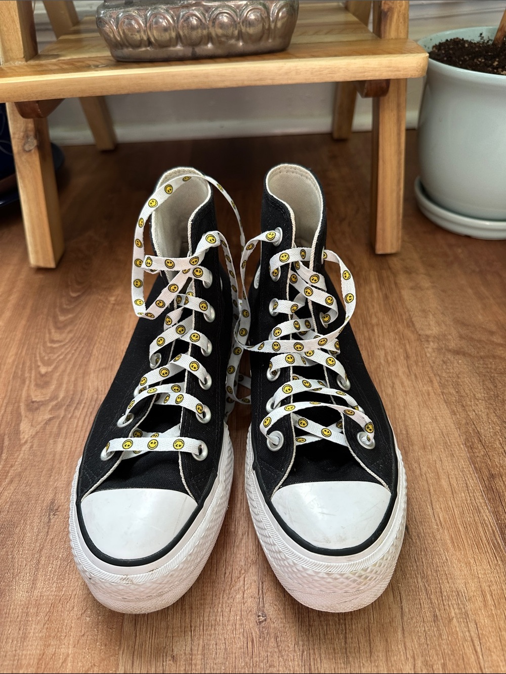 Converse Black Platform High-Top Canvas Sneakers with Smile Emoji Laces
